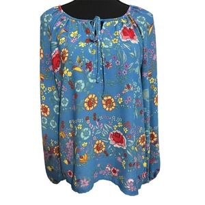 Dalia Blue Floral Peasant Blouse SZ M